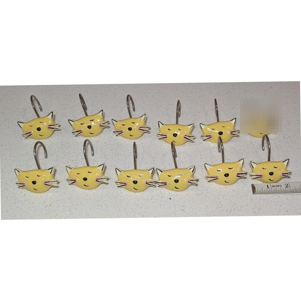 Shower Curtain Hooks Yellow Cat Decorative Set of 10 Kitschy Whimsical Retro